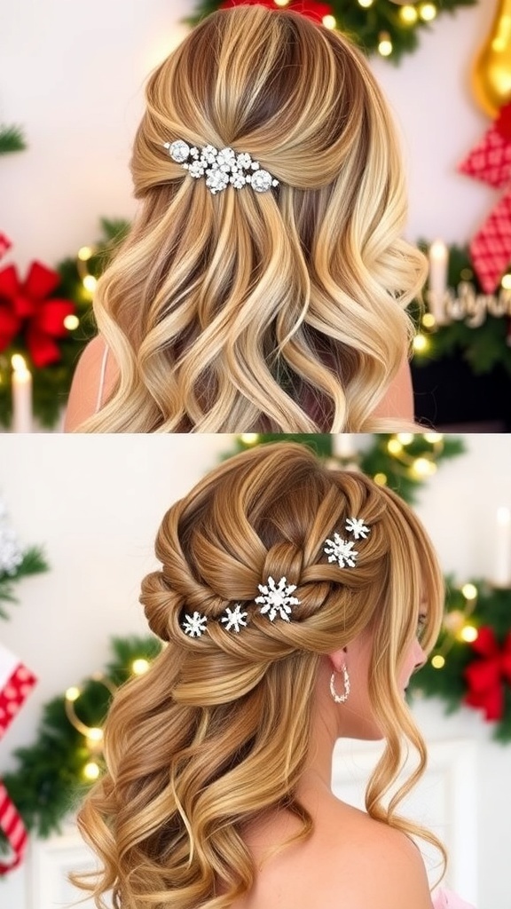 Elegant half-up hairstyles for Christmas parties, featuring loose waves and braids with festive accessories.
